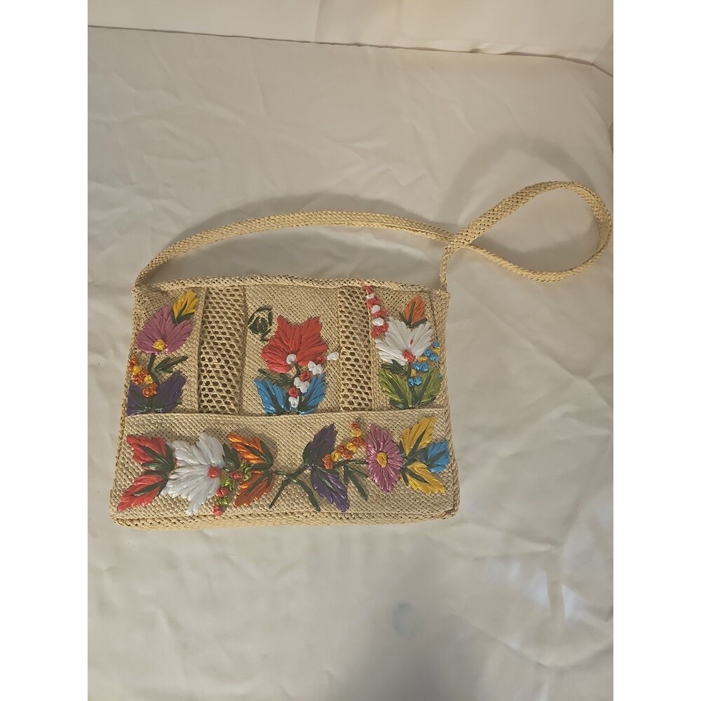 Vintage 70s Bright Colorful Floral Summer Straw Shoulder Bag Purse